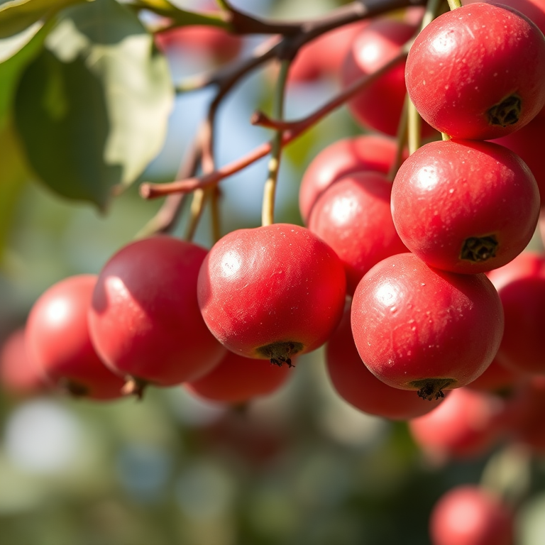 Close-up of ripe jujube fruits hanging from branches, natural lighting, shallow depth of field, 50mm lens, f/1.8 aperture, ISO 200, shot with a DSLR to enhance image clarity and color contrast.