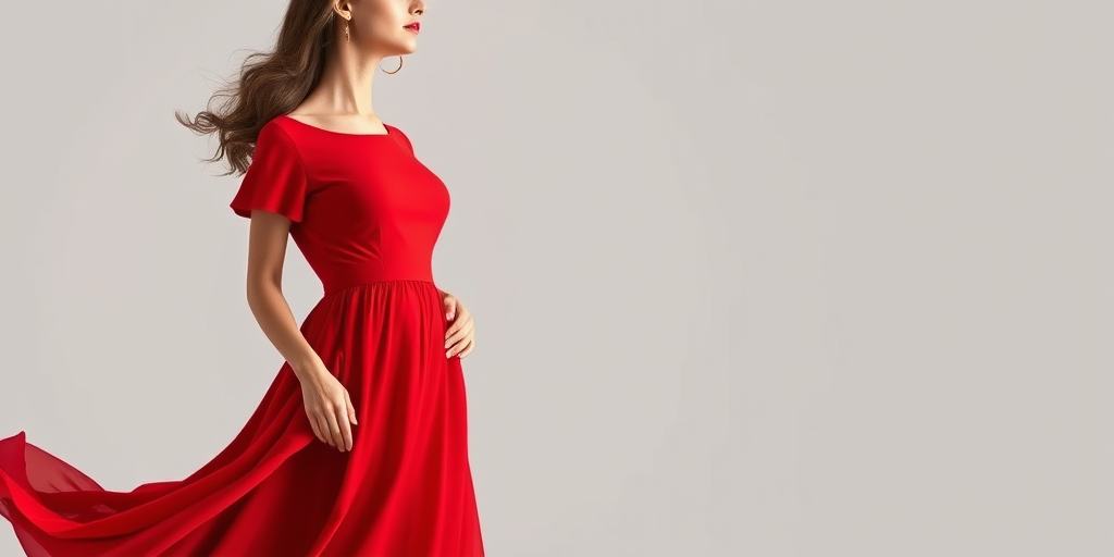 Create a high-quality digital illustration of a young woman wearing a flowing red dress with a fitted waist and a round neckline, standing gracefully in a circular soft gray background, using a Canon EOS R5 camera with a 50mm f/1.2 lens, at ISO 100, f/2.8 aperture, and a 1/125 second shutter speed for sharp focus and rich colors.