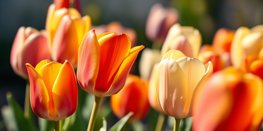 Capture a vibrant close-up of blooming tulips in various colors with a shallow depth of field, using a DSLR camera, aperture f/2.8, ISO 100, shutter speed 1/500 seconds, natural soft sunlight, and a wide-angle lens at a low angle to emphasize the flowers against a blurred background.