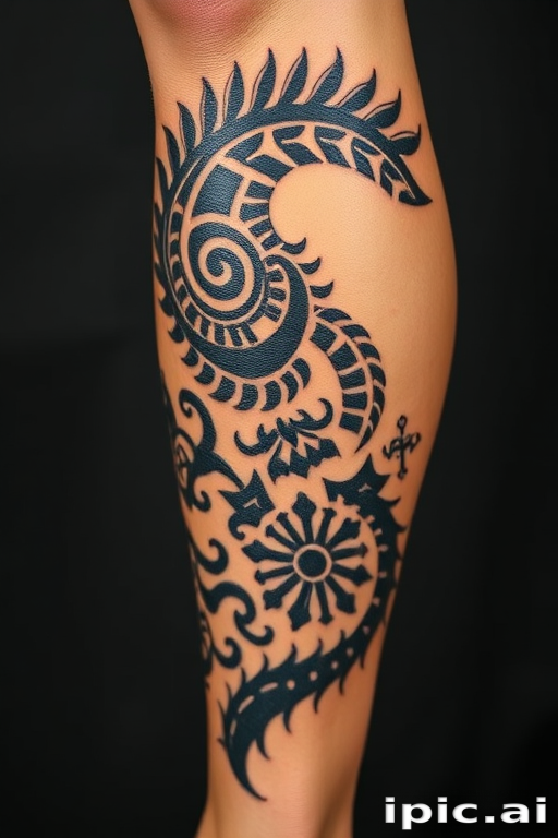 Polynesian-inspired tribal tattoo wrapping around the calf, featuring bold black patterns and symbols telling a personal story through traditional motifs