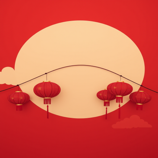 Create a minimalist illustration of red lanterns against a large pale circle on a deep red background, featuring soft golden clouds, shot with a DSLR camera at f/8 aperture, ISO 200, 50mm lens, in a flat lay style for enhanced clarity.