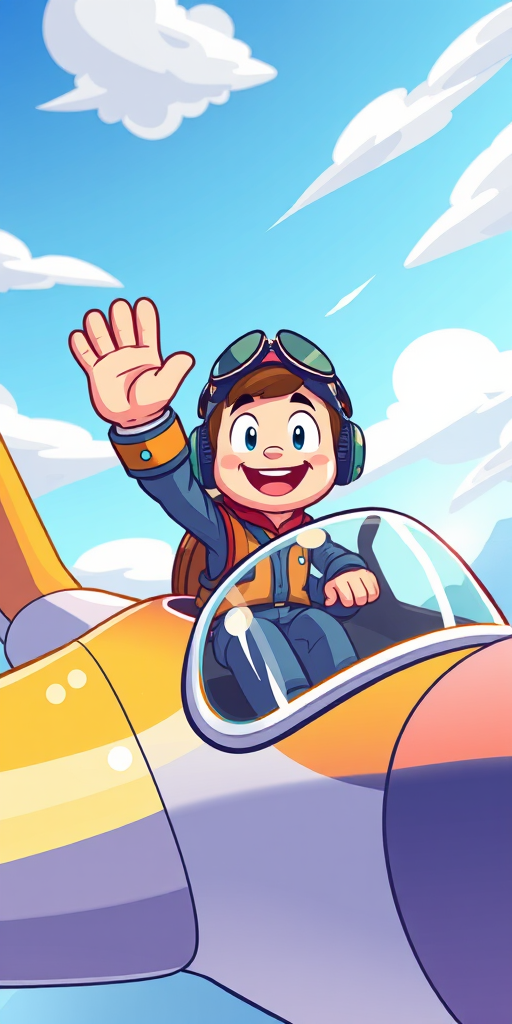 create an illustration of a cartoon pilot waving from a cartoon airplane in a colorful style, with high saturation, using a wide-angle lens for a dynamic view, soft focus for a whimsical effect, and created in a digital art format with a resolution of 300 DPI.