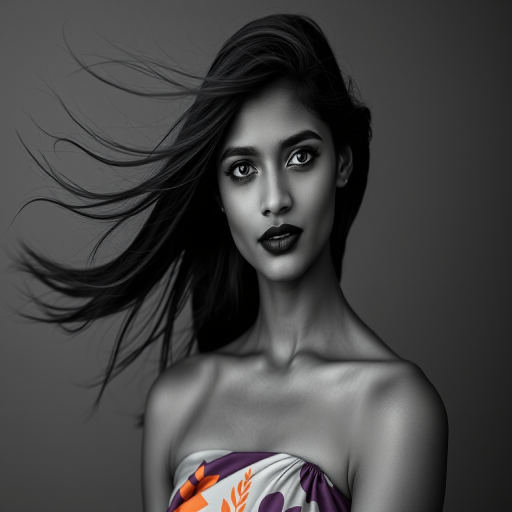 Photographic image of a beautiful young Sri Lankan woman, black eyes, lips with black lipstick, long hair fluttering in the wind and wearing a silk strapless dress with a soft purple and orange print. monochrome image with only color highlights in the iris of the eyes, lipstick and dress. Gray background.