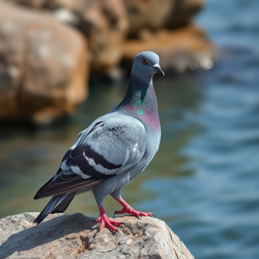 A detailed photograph of a pigeon perched on a rock by the water, captured with a DSLR camera at f/2.8 aperture, ISO 200, 1/1000 sec shutter speed, in natural light with a shallow depth of field, emphasizing the textures of the feathers and the rock background.