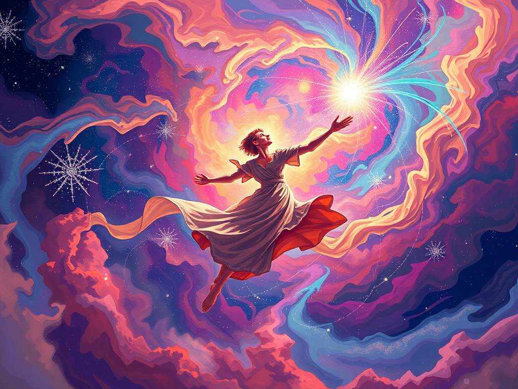 Create a vibrant and dynamic illustration of a celestial figure in motion, surrounded by a cosmic aura of swirling colors, capture the scene with a Canon EOS 5D Mark IV, 24mm lens, f/2.8 aperture, ISO 100, at a shutter speed of 1/125 sec, using a wide-angle view for enhanced depth and detail.