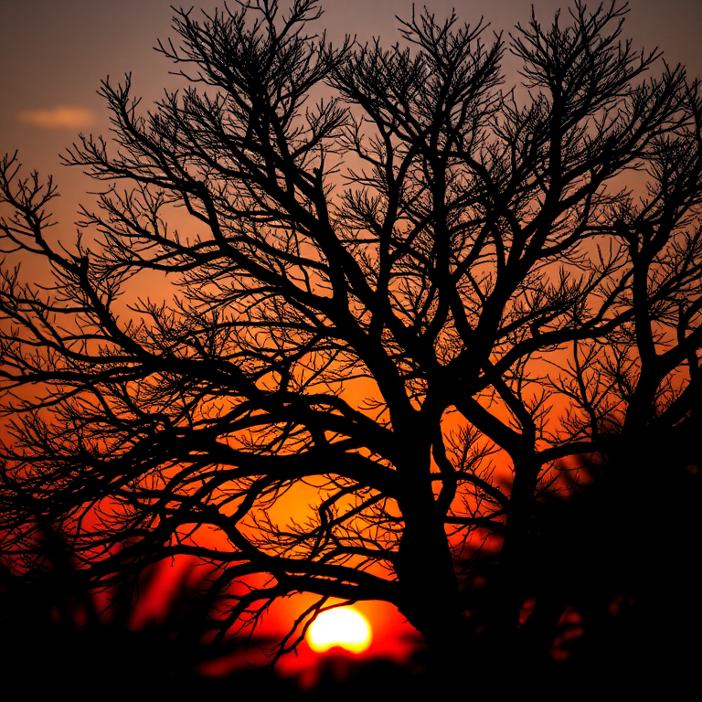 Create a black silhouette of a tree with intricate branches against a vibrant sunset background, using a DSLR camera with a 50mm lens, aperture set to f/2.8, ISO 100, shot from a low angle to enhance depth, and a warm color palette to emphasize the sunset.