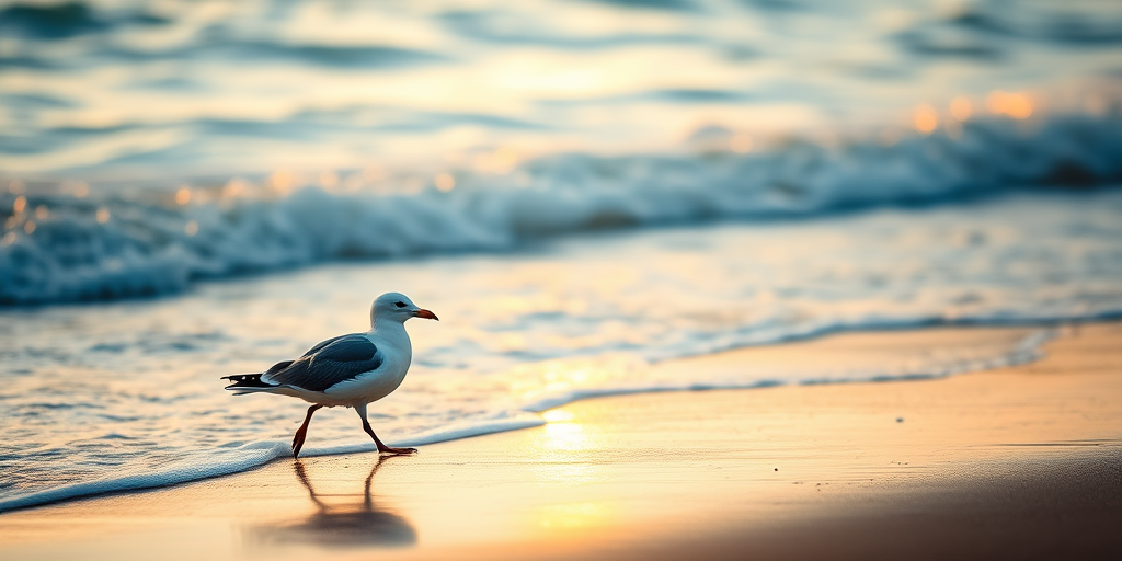 seagull walking along the shoreline with waves gently crashing in the background, captured at sunrise with a DSLR camera, 85mm lens, aperture f/4, shutter speed 1/250s, ISO 200, focus on the bird, shallow depth of field, vibrant colors