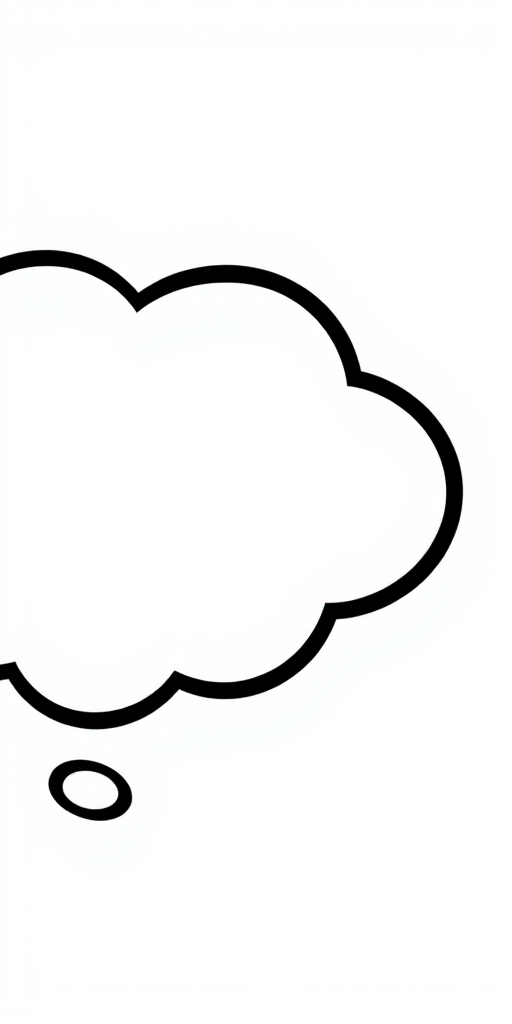 Create a thought bubble graphic with a clean white interior and black outline, using a high-resolution digital format, with a soft shadow effect, captured with a DSLR camera at f/2.8 aperture, 50mm lens, and a shallow depth of field for enhanced clarity.