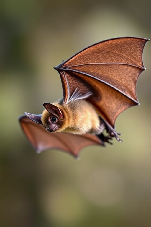 Create a high-resolution image of a bat in flight with detailed wing structure, using a macro lens at f/2.8, shutter speed 1/1000s, ISO 200, captured from a low angle to emphasize its features, in natural light for enhanced clarity and contrast.