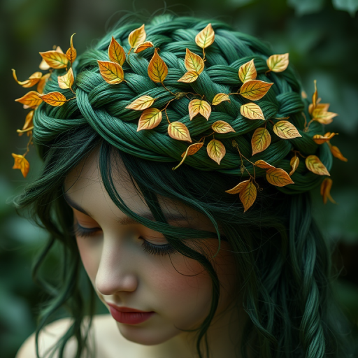 Enchanting emerald green braided crown intertwined with delicate golden leaves, evoking a mystical forest nymph aura, named "Verdant Whisper"