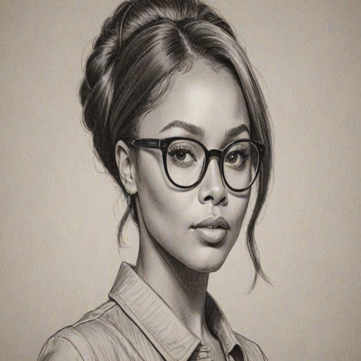Pleasing Kat Graham, pencil sketch, portrait of Fascinating woman 1960s in glasses, hair style beatnik, outline, clear lines, fine lines, 8k