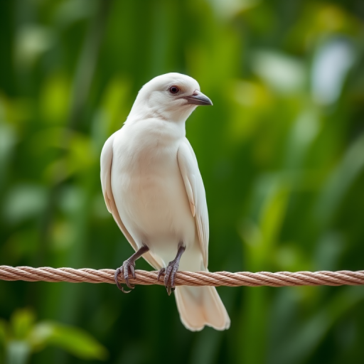 Capture a close-up of a white bird perched on a rope against a lush green background, using a DSLR camera with a 50mm lens, f/2.8 aperture, ISO 200, and a shallow depth of field for enhanced clarity and vibrant colors.