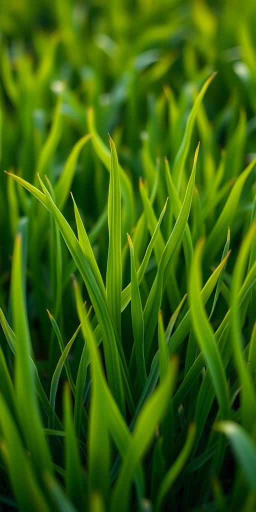 Generate a vibrant and detailed image of lush green grass with varying heights and shades, captured with a DSLR camera at f/4 aperture, ISO 100, 50mm lens, and a shallow depth of field to enhance texture and color contrast.