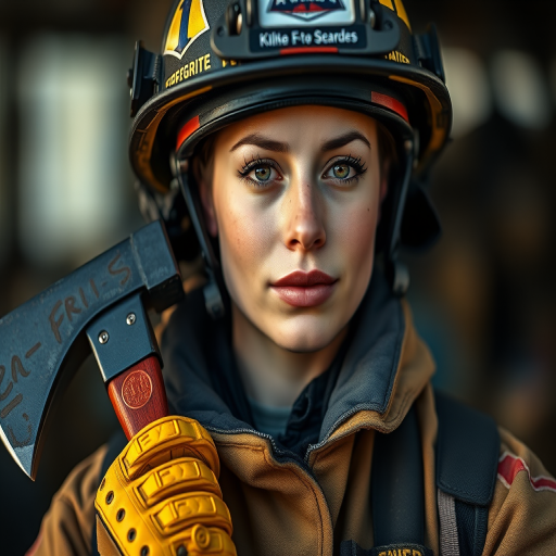 Create a highly detailed portrait of a female firefighter in full gear, holding an axe, captured with a Canon EOS R5, 50mm lens, f/1.8 aperture, ISO 100, in natural light with a shallow depth of field to emphasize her expression and uniform while softly blurring the background.