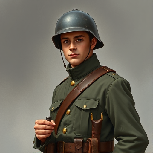 Regenerate a detailed illustration of a soldier in a World War I era uniform with a helmet, standing confidently, holding a whistle, using a Canon EOS 5D Mark IV camera, 50mm lens, f/2.8 aperture, ISO 100, and a shallow depth of field to enhance clarity and focus on details.