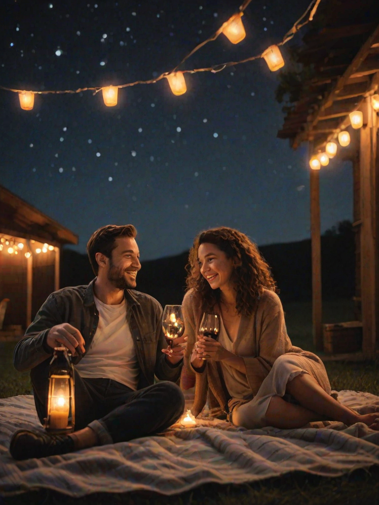 Warmly lit image of a couple sitting on a blanket under the stars, sharing a bottle of wine, soft glow from nearby lanterns illuminating their smiles, with the distant sound of crickets filling the night air.