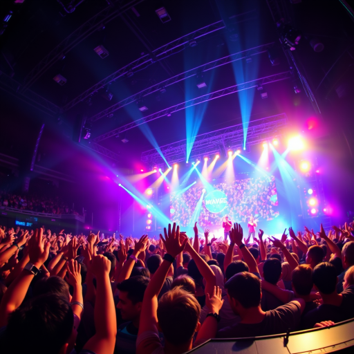 high-energy concert scene with a vibrant light show, wide-angle lens, f/2.8 aperture, ISO 1600, 1/100s shutter speed, shot from the front-of-house perspective, DSLR camera, capturing a massive crowd with hands raised in excitement and performers on stage illuminated by colorful lights