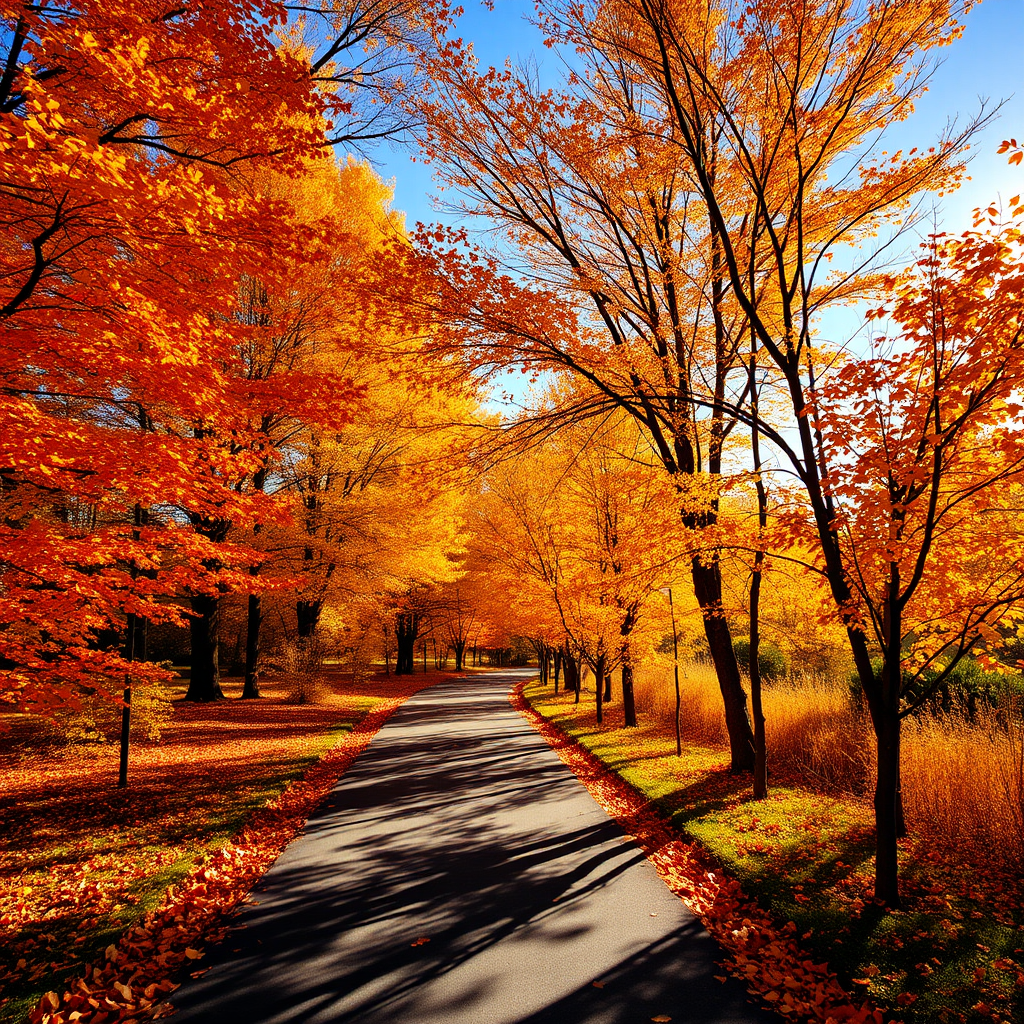 A picturesque autumn scene featuring a winding pathway bordered by vibrant trees adorned with orange and yellow leaves sunlight filtering through the branches creating a warm and inviting atmosphere fallen leaves scattered along the path and a clear blue sky in the background
