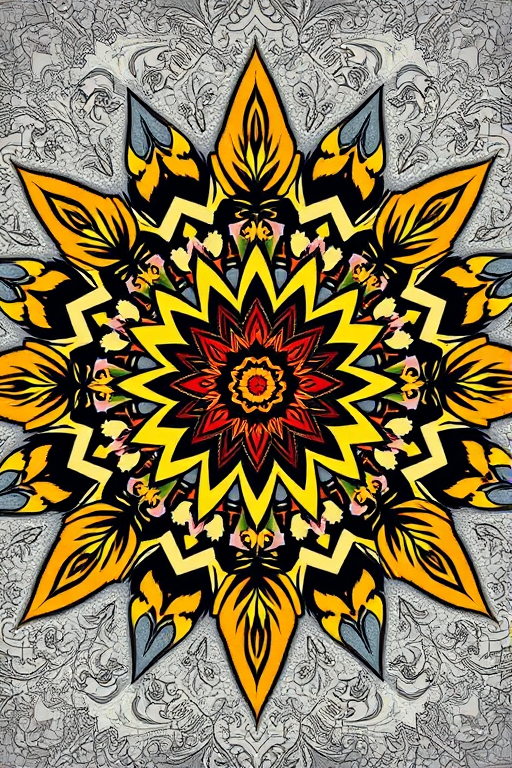 Create a high-resolution symmetrical mandala design with intricate geometric patterns and leaf motifs, captured with a Canon EOS R5 at f/8, ISO 100, 50mm lens, top-down view, vibrant colors, and sharp details.
