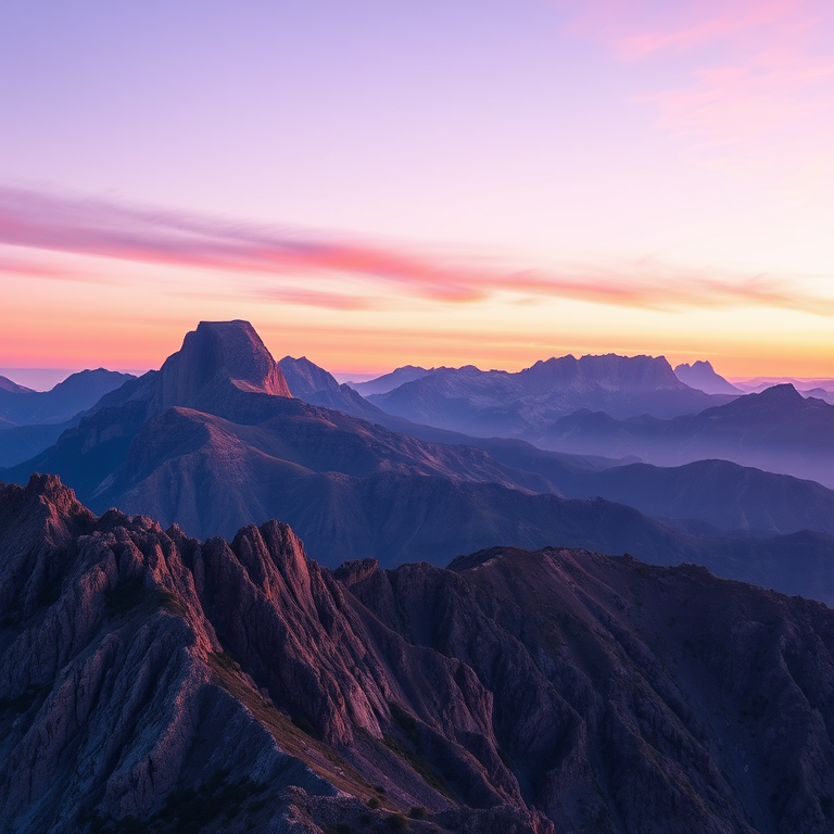Generate a high-resolution landscape image of rugged mountains at sunset with soft purple and orange hues in the sky, using a Canon EOS 5D Mark IV camera, ISO 100, aperture f/11, shutter speed 1/200s, taken from a low angle to enhance depth and texture, with a focus on vibrant colors and clear details.