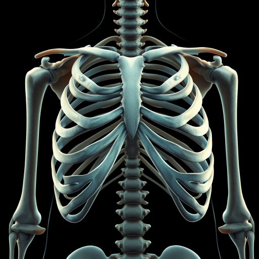 Create a high-quality illustration of a human ribcage, using a digital art style, with a 50mm lens at f/8 aperture, soft lighting, and a top-down view to enhance details and clarity.