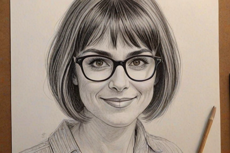Delightful Constance Zimmer, pencil sketch, portrait of Enchanting woman 1968s in glasses, hair style beatnik, outline, clear lines, fine lines, 8k