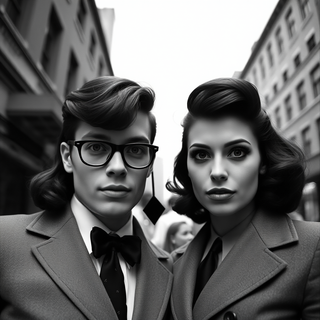 Black-and-white photograph, couple, tailored suits, retro hairstyles, film noir style, Tilt the camera for a dynamic Dutch angle using a versatile 24-70mm lens