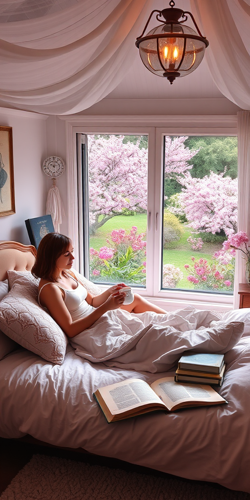 Cozy bedroom with a woman sipping tea on her bed, surrounded by pillows and books, and a window showing a beautiful view of a blossoming garden.