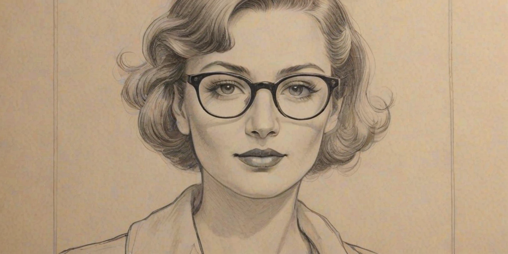 Charming Daya, pencil sketch, portrait of Resplendent woman 1935s in glasses, hair style beatnik, outline, clear lines, fine lines, 8k
