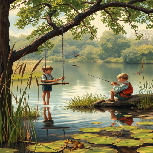 Imagine a small group of old fashioned young boys out fishing by the creek, a swing hanging from a tree branch, reeds and grasses by the water's edge, a frog sitting on a lily pad, dragonflies hovering over som water plans, a very iconic old fashioned scene reminiscent of a Norman Rockwell painting style