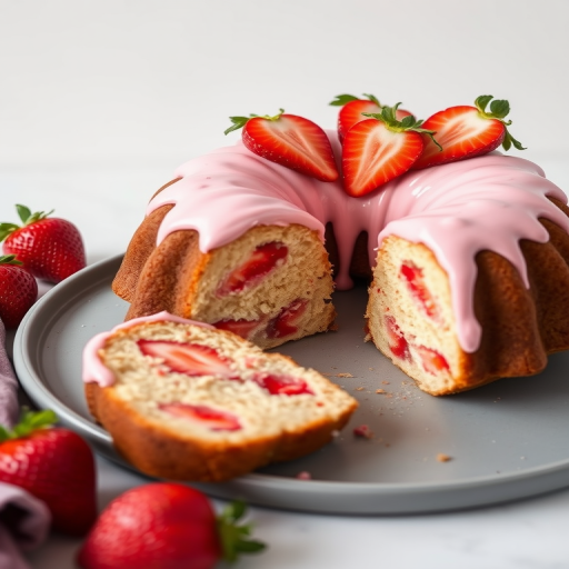 A beautifully baked bundt cake topped with pink frosting and fresh strawberry slices served on a gray plate with a slice cut out, showcasing the moist texture and strawberry bits inside, set against a light background.