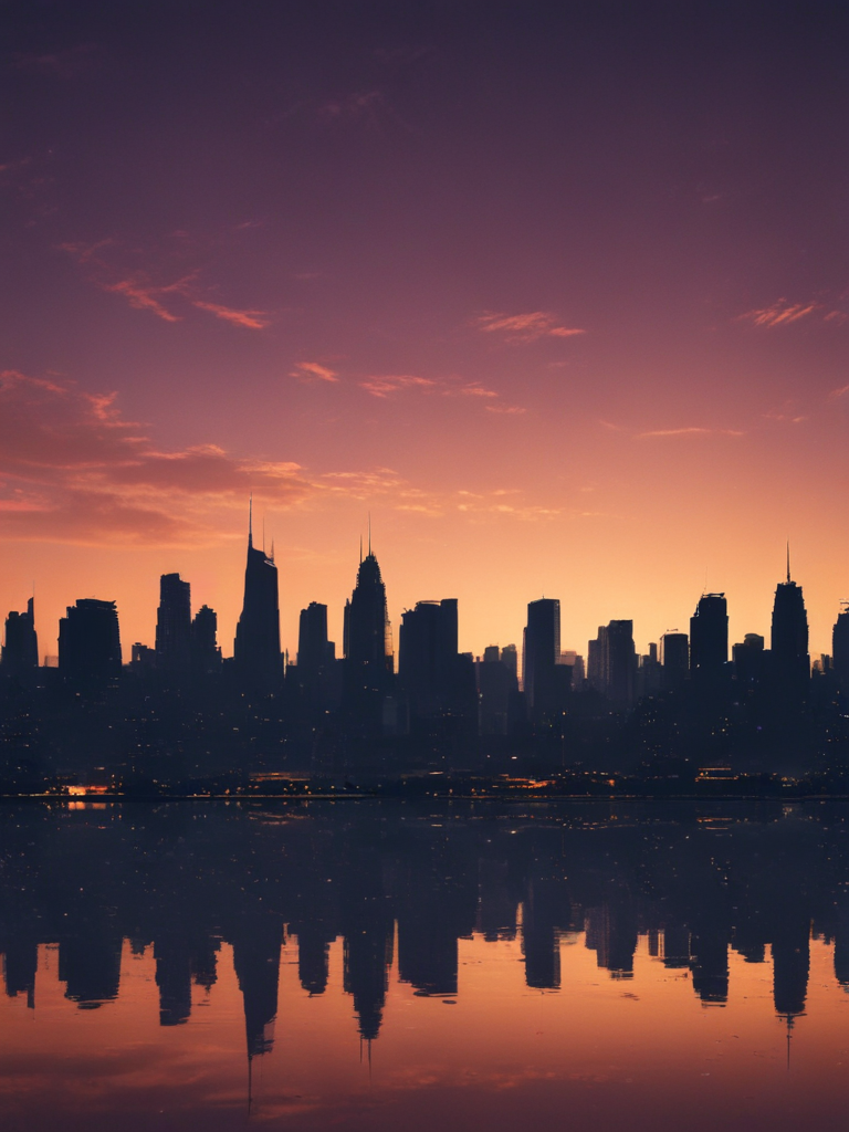 Stunning Sunset Over a City Skyline Mirrored in Calm Waters