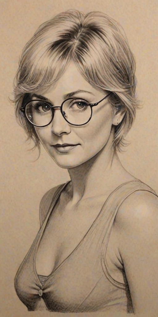 Beauteous Dee Wallace, pencil sketch, portrait of Enticing woman 1928s in glasses, hair style beatnik, outline, clear lines, fine lines, 8k