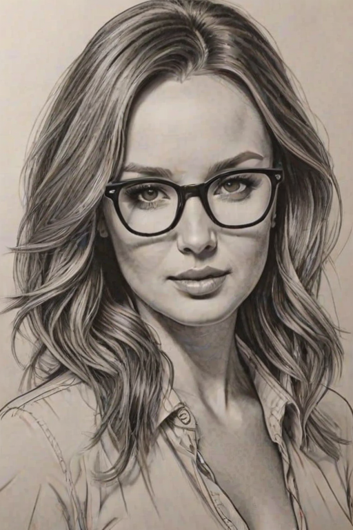 Exquisite Camilla Luddington, pencil sketch, portrait of Sublime woman 1975s in glasses, hair style beatnik, outline, clear lines, fine lines, 8k