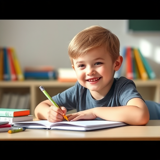Child smiling while writing in a notebook at a desk with colorful books, natural lighting, portrait orientation, shallow depth of field, aperture f/2.8, ISO 200, 50mm lens, DSLR camera