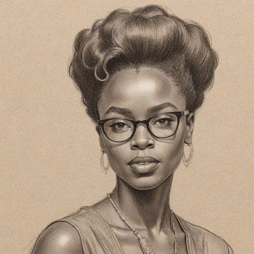 Bewitching Amanda Gorman, pencil sketch, portrait of Wonderful woman 1957s in glasses, hair style beatnik, outline, clear lines, fine lines, 8k