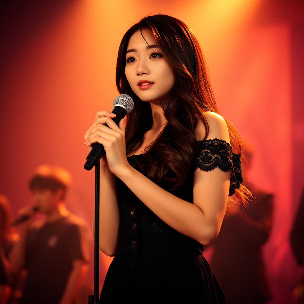 A young korean woman with long, flowing brown hair is standing in the center of the frame, holding a microphone in her right hand, and looking slightly off to the right side of the frame. She is wearing a black, off-the-shoulder dress with delicate lace detailing. The lighting is warm and dramatic, creating a spotlight effect on the singer. There are other figures in the background, blurred and out of focus, suggesting a concert or performance setting. The camera angle is low, capturing the woman from the waist up. The overall atmosphere is intimate and captivating.