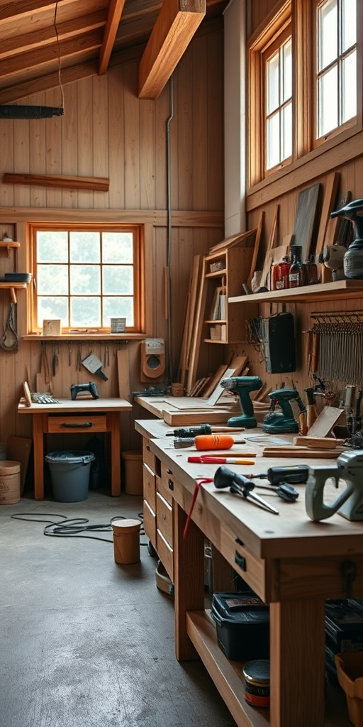 A well-lit woodworking shop featuring a wooden workbench cluttered with various tools, natural light streaming through large windows, shallow depth of field, ISO 100, f/4, 1/60 sec, DSLR camera, wide-angle lens.