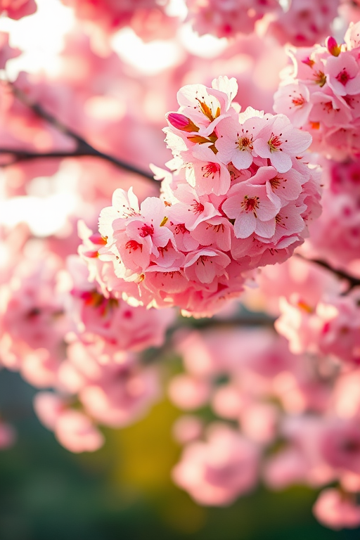 high-resolution image of cherry blossoms in full bloom, vibrant watercolor style, soft depth of field, taken with a Canon EOS R5, 50mm lens, f/1.8, ISO 100, shot during golden hour for warm lighting and enhanced colors