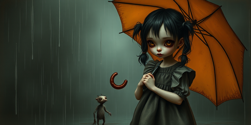 An eerie, weird little girl with dark hair in thin pigtails, wearing a smock dress, standing in the rain, holding a dirty orange umbrella, a small, odd creature beside her. In a surreal style inspired by Nicoletta Ceccoli and Brian Froud. Dark fantasy themes