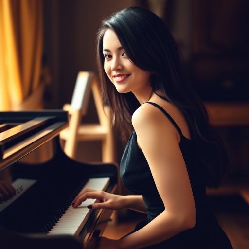 A young woman with long, dark hair smiles at the viewer as she sits at a grand piano, her right hand poised over the keys. The scene is lit by warm, natural light, highlighting the elegant simplicity of the woman's black dress. The perspective is from the side, emphasizing the contrast between the woman's delicate form and the grand scale of the piano. The ivory keys and dark wood of the piano create a striking visual contrast, further emphasized by the rich black of her dress.