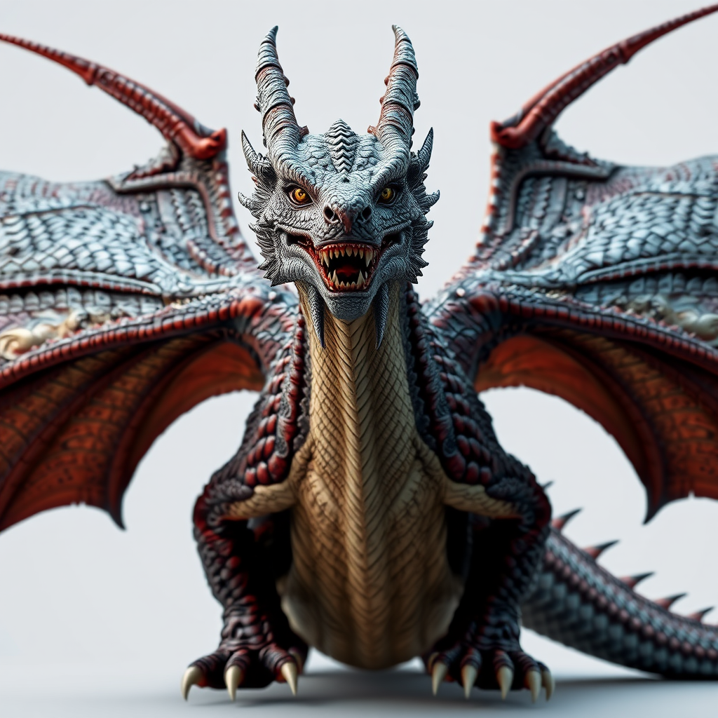 Create a hyper-realistic 3D rendering of a formidable dragon with detailed scales and magnificent wings, captured in high dynamic range at f/8, ISO 100, 1/250s shutter speed, using a Canon EOS R5 with a 24-70mm lens, frontal view against a transparent background to enhance image quality.