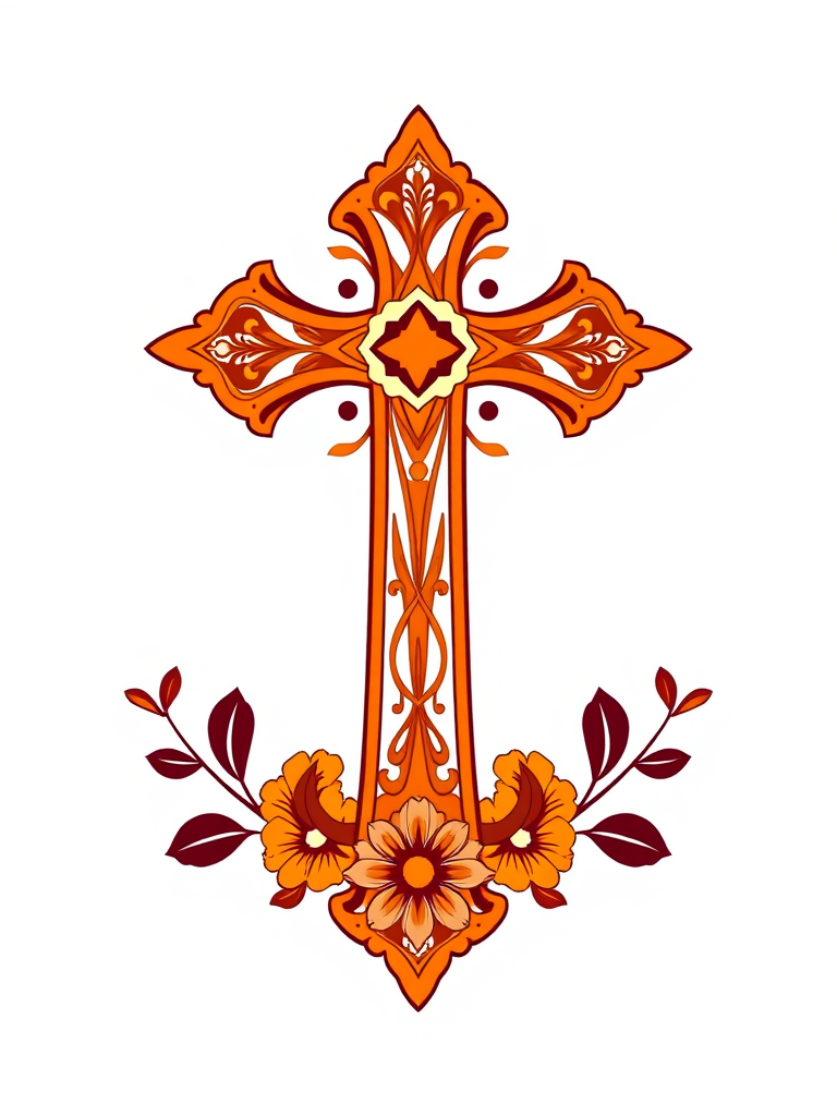 Create a vibrant logo of an ornate orange cross with floral accents, shot in high resolution with a DSLR camera at f/2.8, 50mm lens, ISO 100, natural lighting, centered composition, and minimal background for a clean look.