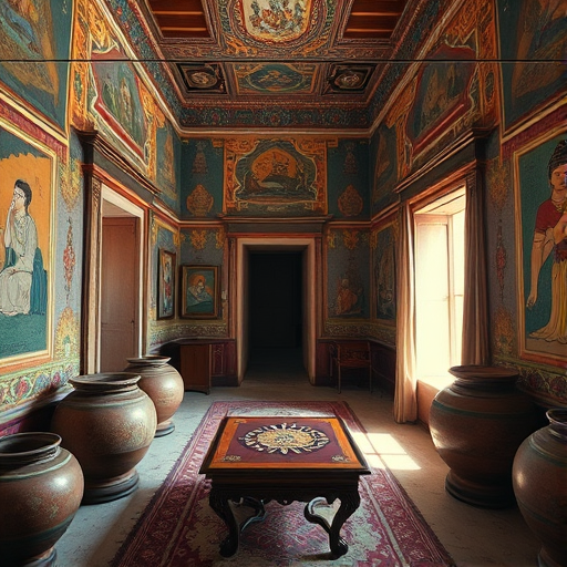 interior of a richly decorated ancient room with intricate murals, large pots, a low wooden table with an ornate design, soft natural light streaming through a window, camera settings: aperture f/4, shutter speed 1/60, ISO 200, camera view: wide angle, camera style: vibrant colors, camera type: digital DSLR