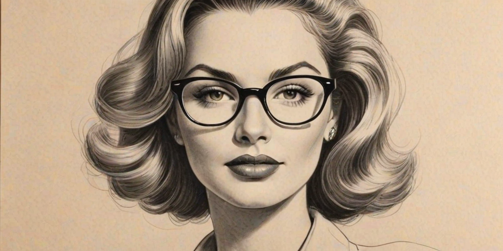 Delightful Bobbie Brown, pencil sketch, portrait of Alluring woman 1945s in glasses, hair style beatnik, outline, clear lines, fine lines, 8k