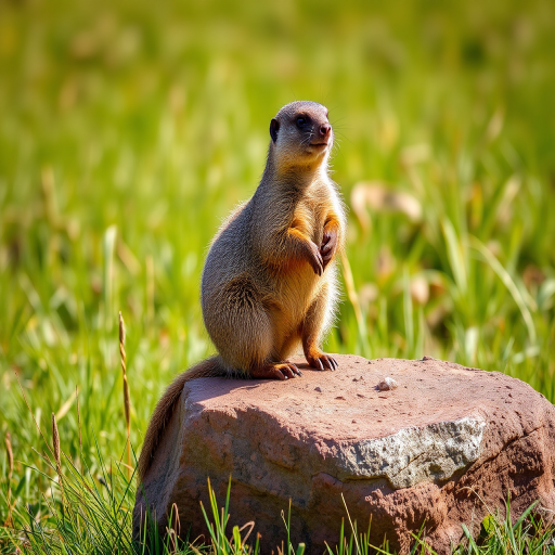 Mongoose sitting on a rock in a grassy field, captured with a DSLR camera, 50mm lens, f/2.8 aperture, ISO 200, 1/500 sec, natural light, shallow depth of field, vibrant colors.