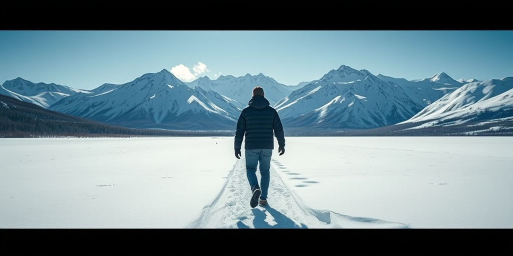 Regenerate the image of a person walking through a snowy landscape with mountains in the background, using a Canon EOS R5 with a 24-70mm f/2.8 lens, aperture set to f/8, shutter speed at 1/250s, ISO 100, taken in bright daylight with a wide-angle view to capture the vastness of the scene.