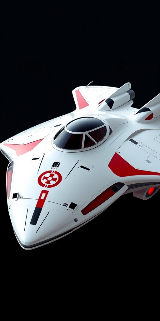Create a high-resolution image of a futuristic spaceship with a sleek, aerodynamic design, featuring a white exterior with red accents and a prominent insignia, viewed from the side, using a DSLR camera with a 50mm lens, aperture set to f/8, ISO 100, and a shutter speed of 1/200s for clarity and detail.