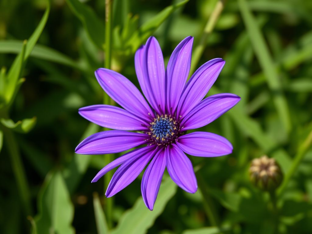 close-up shot of a vibrant purple cornflower against green foliage, f/2.8 aperture, 1/250 sec shutter speed, ISO 100, macro lens, natural lighting, DSLR camera.