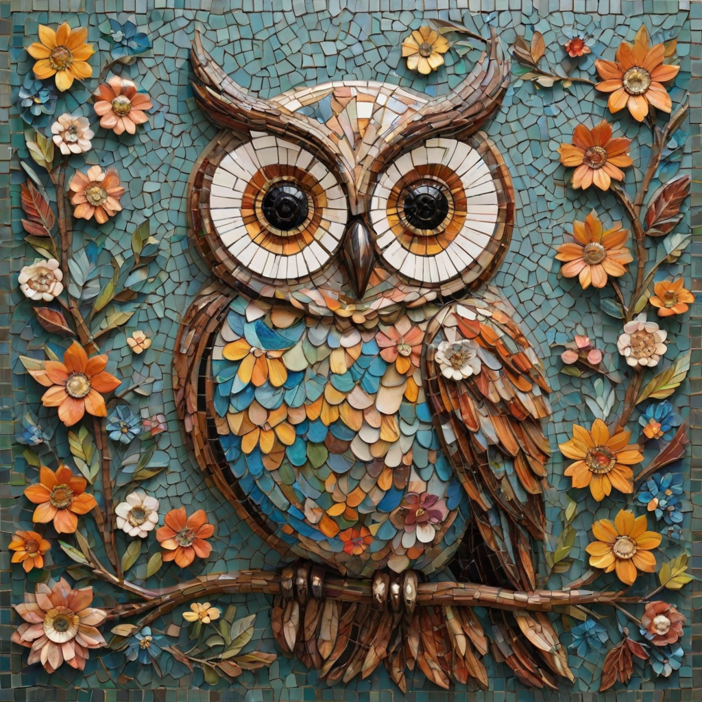 A mosaic of floral owls, one owl intricately composed of individual flower blossoms. The design showcases a delicate balance of nature and form, where the feathers of the owls are replaced by vibrant petals and blooms. The overall appearance is whimsical yet detailed, with each floral element contributing to the intricate patterns of the owl’s body. The artwork embraces a raw, organic style, with natural hues and soft textures, creating a harmonious blend of flora and fauna. The mosaic arrangement adds depth and visual intrigue to the piece, evoking a sense of wonder and artistic beauty.